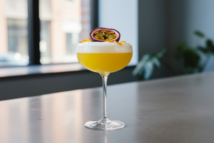 Passionsfrukt Martini med skumlager och passionsfruktgarnering